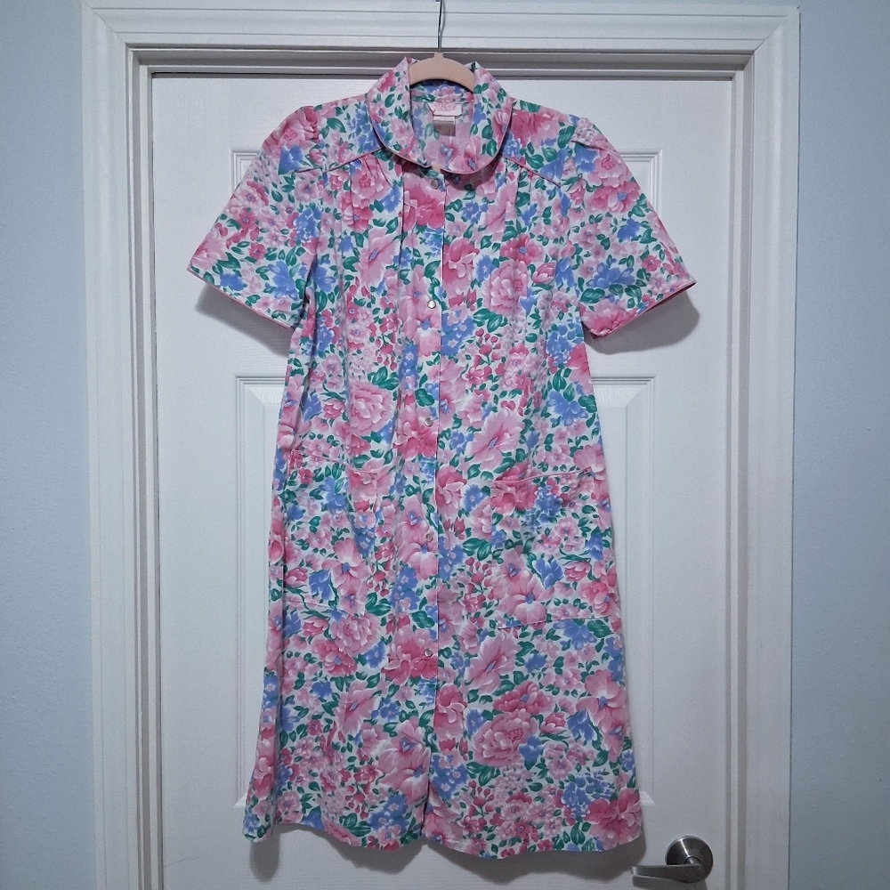 Vintage Nightgown Carriage Court Pink Floral Cotton Blend House Coat House Dress - Picture 15 of 15
